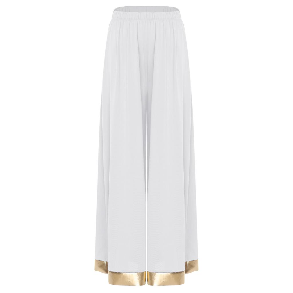 Womens Worship Praise Dance Pants Elastic Waist Metallic Shiny Trim Wide Leg Pants Loose Trousers