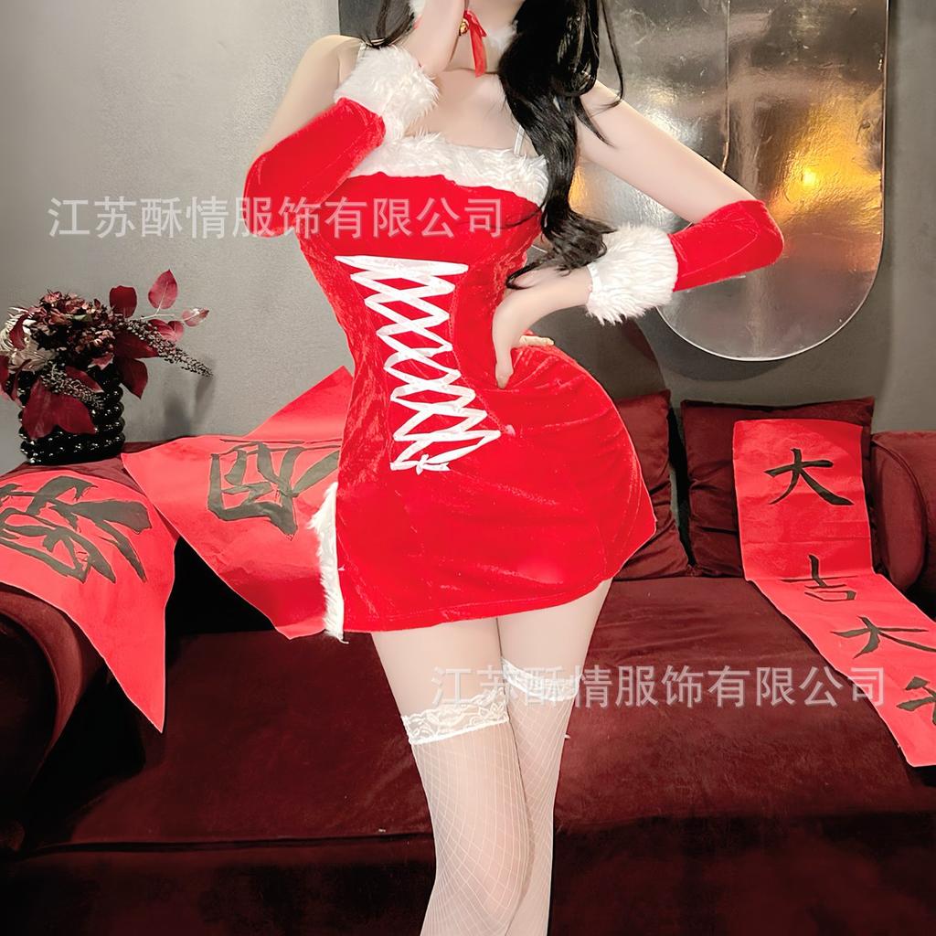 Sexy Sexy Christmas Dress Pure Honey Velvet Dress Set New Year's Robe Cosplay Seduction