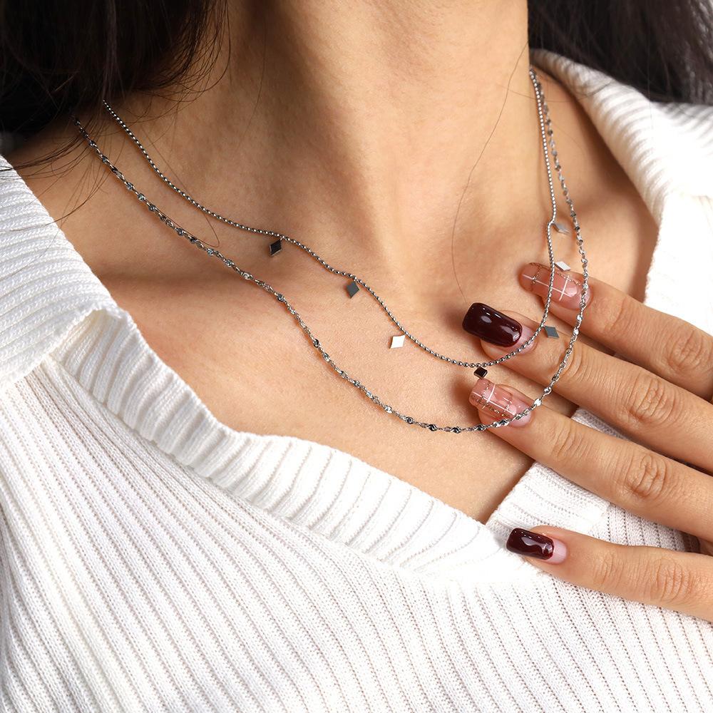 French Rhombus Sequined Double-Layer Stacked Titanium Steel Necklace Does Not Fade Niche Light Luxury Collarbone Chain Women'S High Sense
