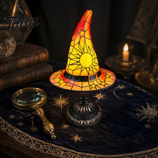 Talos Stained Glass Witch Hat Lamp, Table Lamp with Inline Switch, USB Powered Style Halloween for Bedroom Bookshelf Desk, Witches Gothic Decor Gift