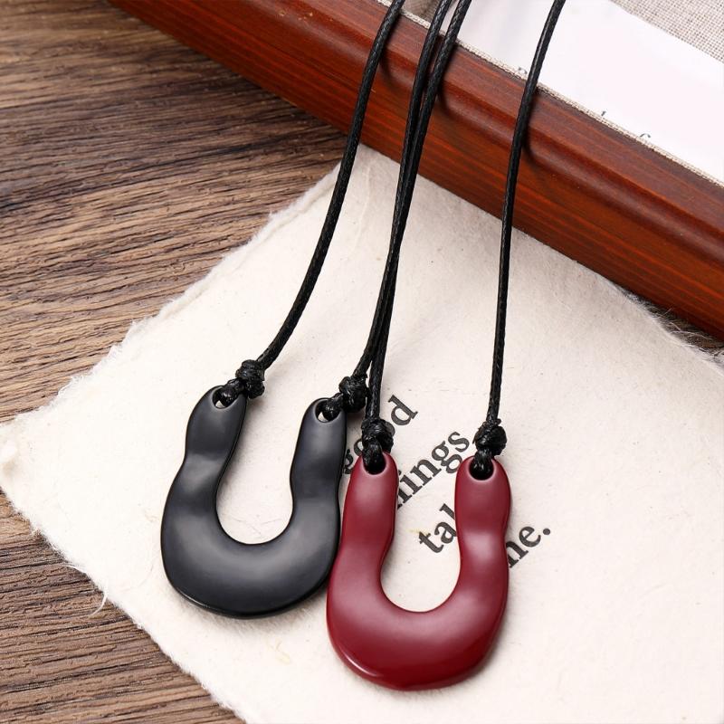 Trendy U Shape Outline Long Leather Cord Necklace Alloy Pendant Women Jewelry Accessory