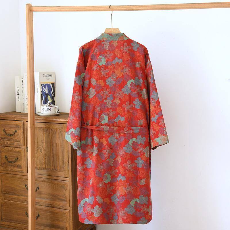 Damen Bademantel im Retro-Stil mit Blumendruck, gewebter Jacquard-Baumwolle, Kimono Yukata Homewear Roben, Nachthemd Bademäntel für Frauen