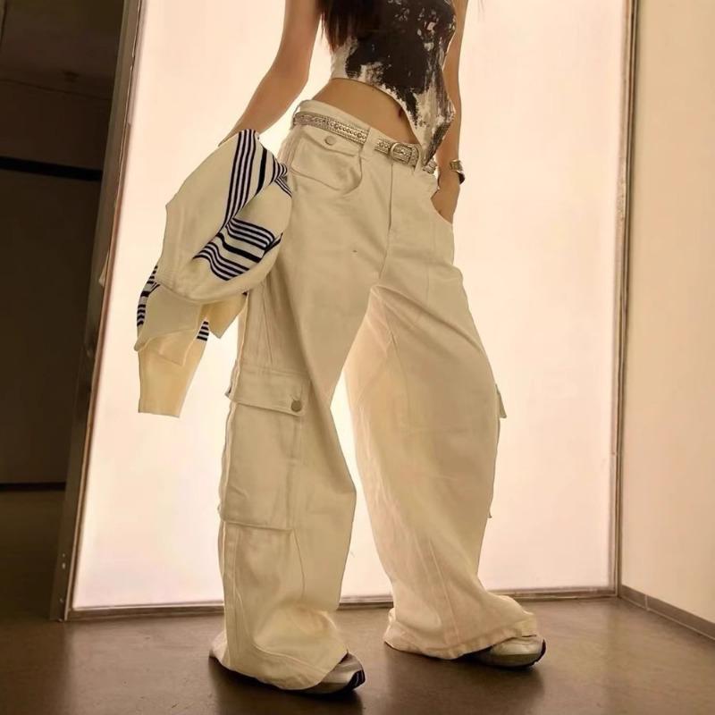 Autumn New High Waist Loose Casual Pockets Straight Jeans Women Wide Leg White Denim Pants Cargo Trousers