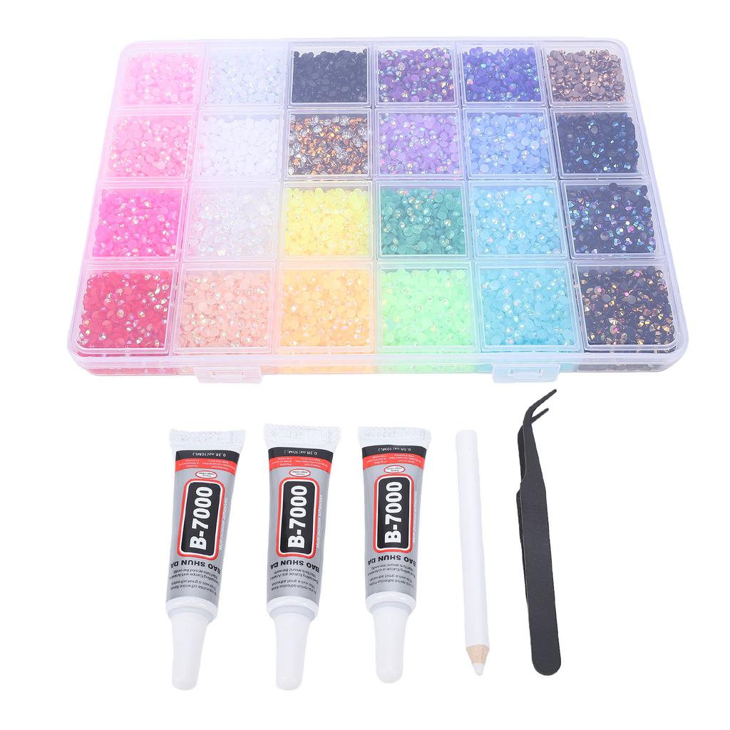 24 Roosters Schitterende Kit 3mm Meerkleurige Hars Platte Back Strass Steentjes met 3 Stuks Lijm voor Doe-het-zelf Knutselen Kleding Schoenen
