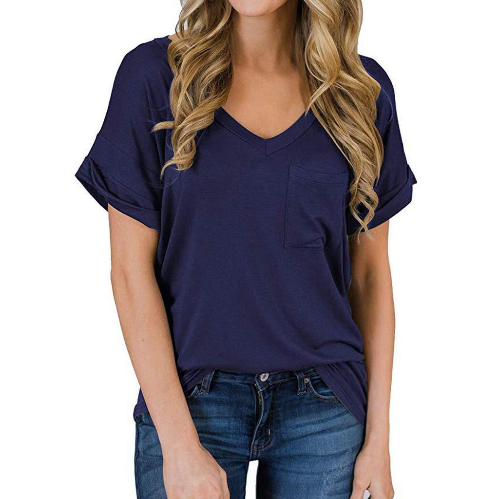 Fashion Womens Casual V-neck Pocket Ruffled Loose Color Blouse T-Shirts
