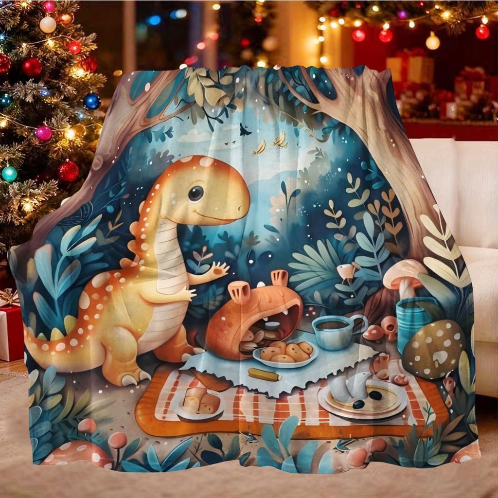 Forest picnic with dinosaurs Flannel printed blanket suitable for all seasons suitable for living room office sofa and travel