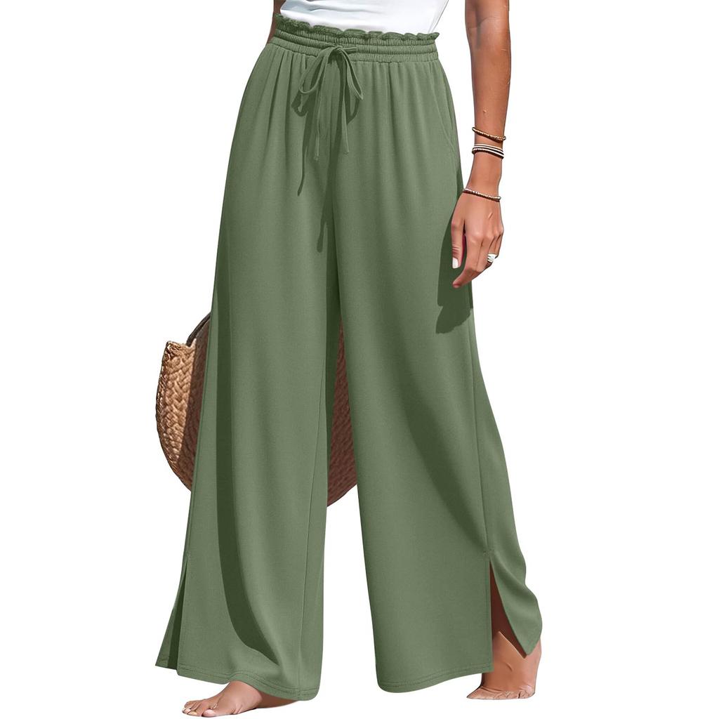 Women Wide Leg Split Pants Drawstring Waist Pockets Casual High Waist Pleated Beach Trousers Lightweight Loose Fit