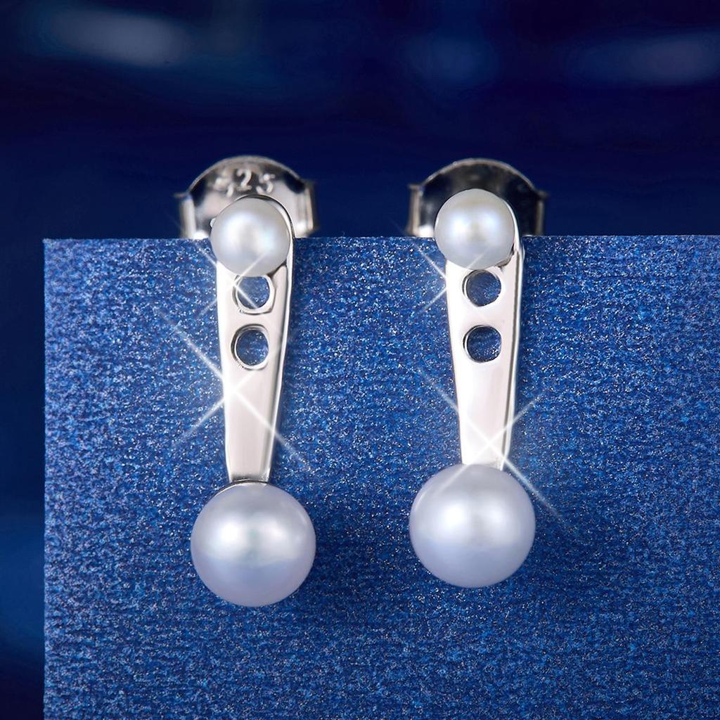 S925 Sterling Silver Dual Pearl Earrings with Gold Back-Hanging Design - Elegant and Versatile