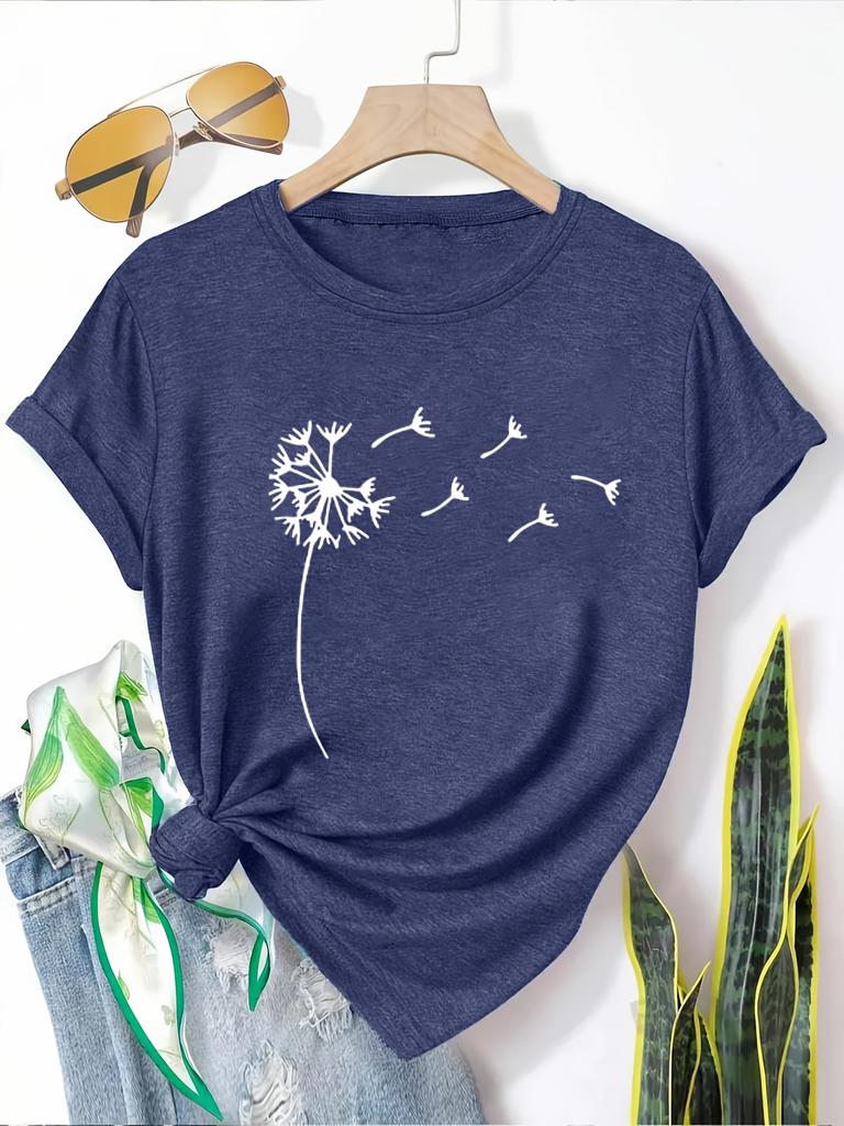 Dandelion Birds Women's Tee - Delicate Graphic, Casual Teal Top
