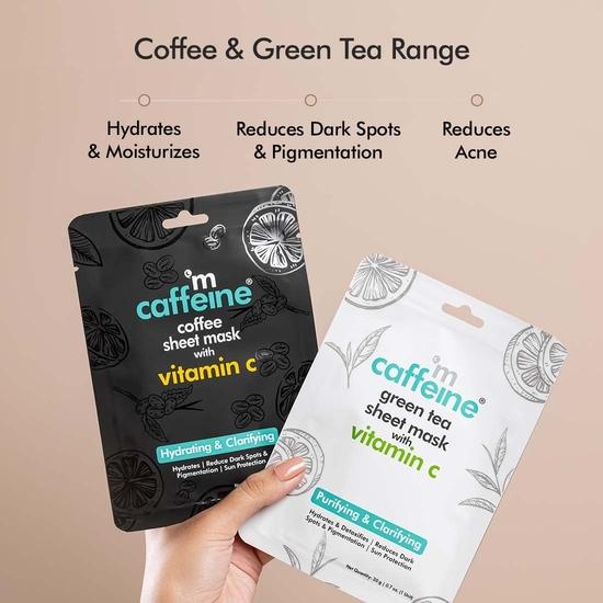mCaffeine Green Tea & Coffee Sheet Masks with Vitamin C, Niacinamide Fruit AHA Mix for Hydrated| Face Sheet Masks for Women & Men - Pack of 6 | 120g