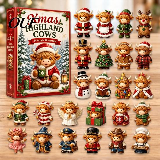 Zestaw Ozdób na Święto Dziękczynienia Boże Narodzenie Krowa Szkocka Kalendarz Adwentowy, 24 Urocze 3D Kolekcjonerskie Mini Figurki Kalendarza Odliczania Jesiennych Żniw, Wiejski