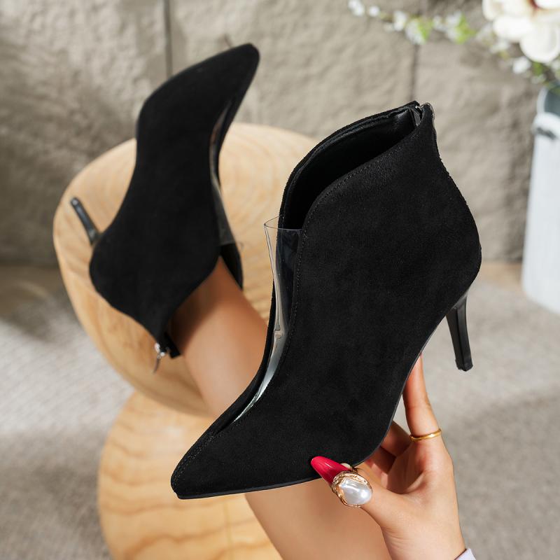 Fashion Fashion Transparent Pvc Patchwork Suede Black Ankle Boots Women Autumn Pointed Toe High Heel Boots Sexy Rear Zip Party Shoes
