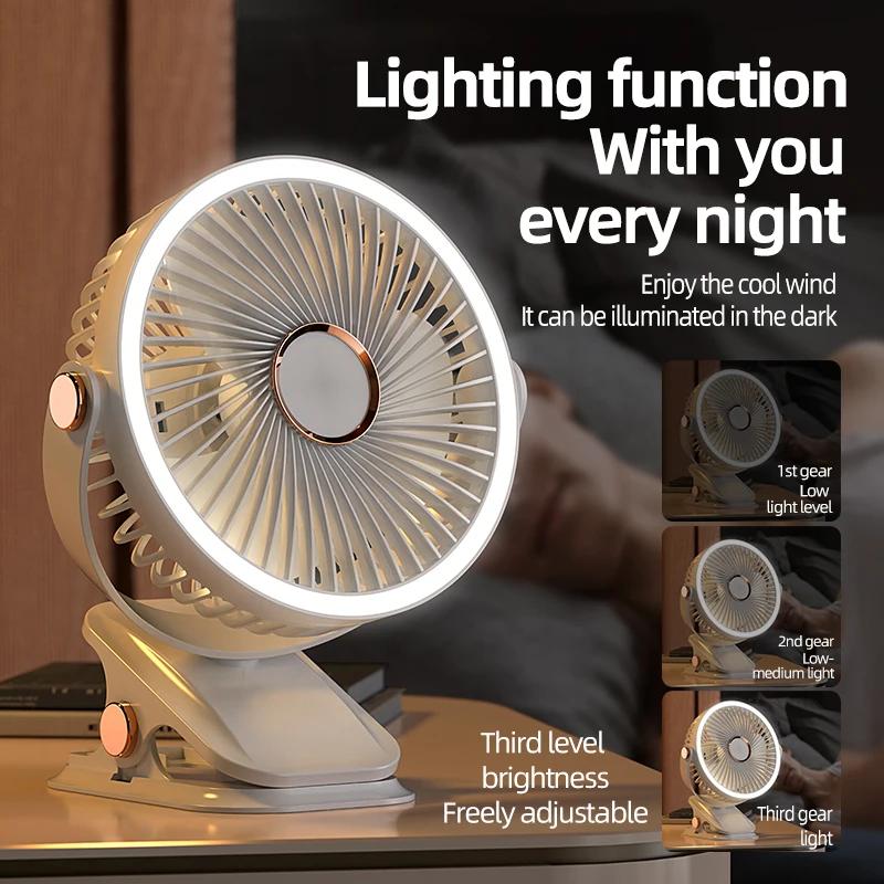 Camping Fan Rechargeable Desktop Portable Air Circulator Wireless Ceiling Electric Fan With LED Light Clip-on Room Home Fan
