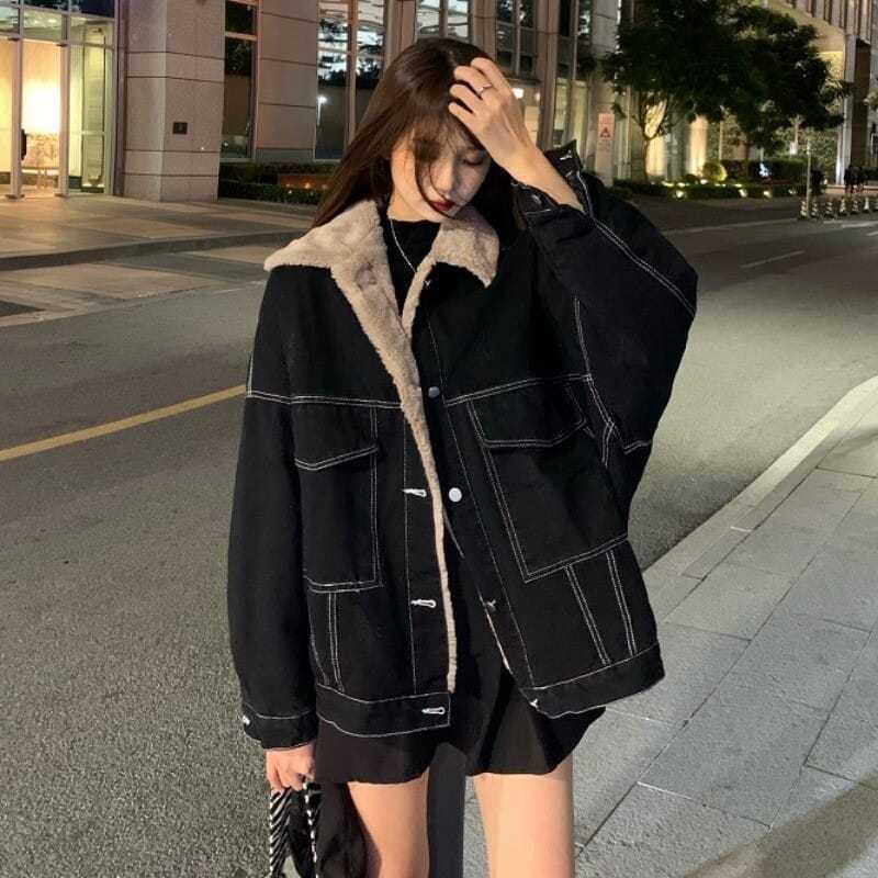 Women's Autumn/Winter Korean Style Lambswool Collar Denim Jacket - Casual, Loose Fit, Plus Velvet Thickening