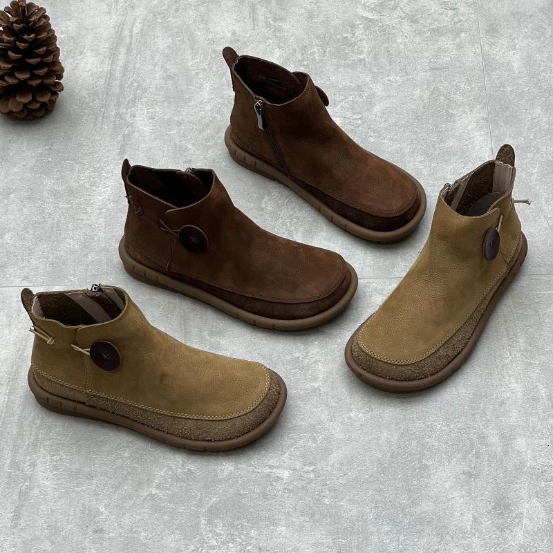 Retro Women Flat Short Boots Genuine Leather Shoes Handmade Round Toe Solid Color Ankle Boots