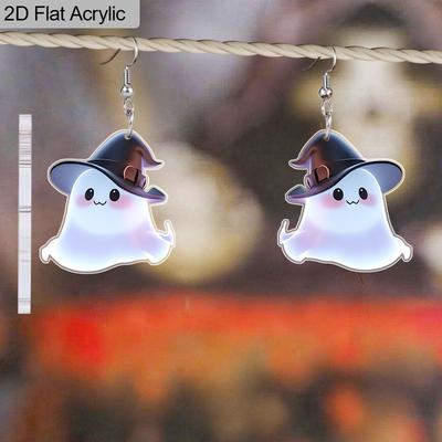 2D Flat Cute Acrylic Halloween Witch Hat Ghost Dangle Earrings Women's Halloween Accessories Charming Jewelry Gift