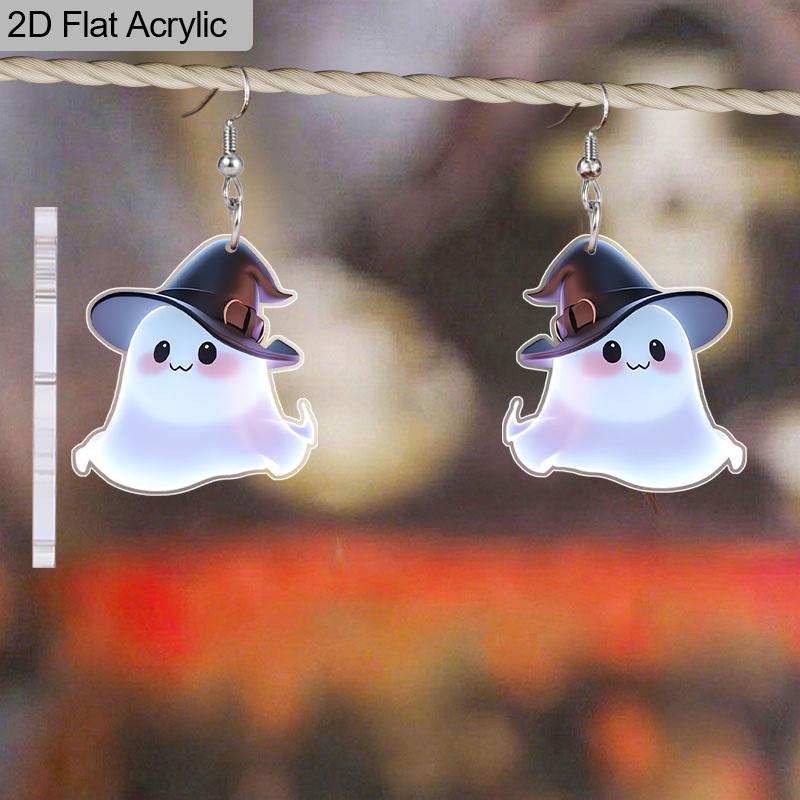 2D Flache Niedliche Acryl Halloween Hexenhut Geist Hängeohrringe Damen Halloween Accessoires Charmanter Schmuck Geschenk