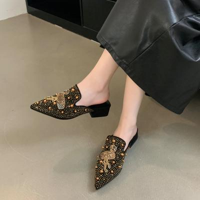 Automne Mode Talons Moyens Pantoufles pour Femmes Bout Pointu Daim Strass Rivets Talons Épais Pantoufles Chaussures d'Extérieur