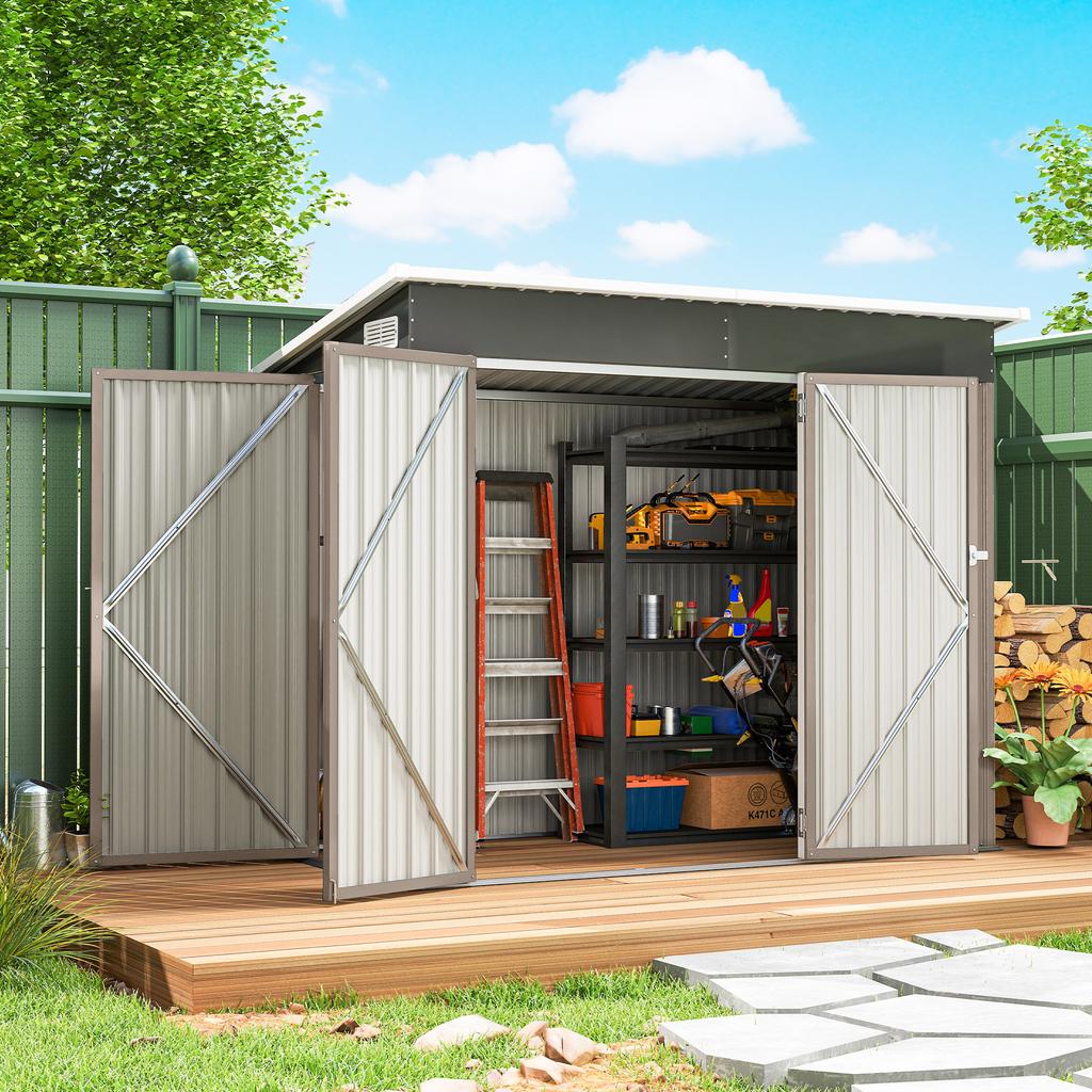 Metal Garden Shed, Triple Lockable Doors, Sloping Roof, 234 x 132 x 185 cm, Grey
