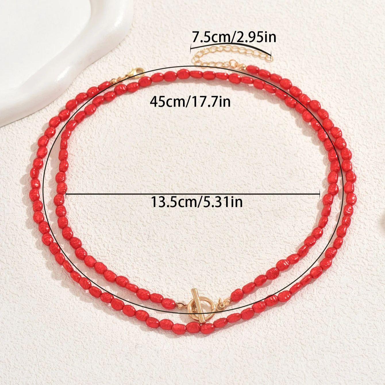 

1 PC Red Imitation Pearl Necklace Boho Inspired Beaded Stacked Necklace With Gold Color OT Buckle Women‘s Daily Wear Jewelry