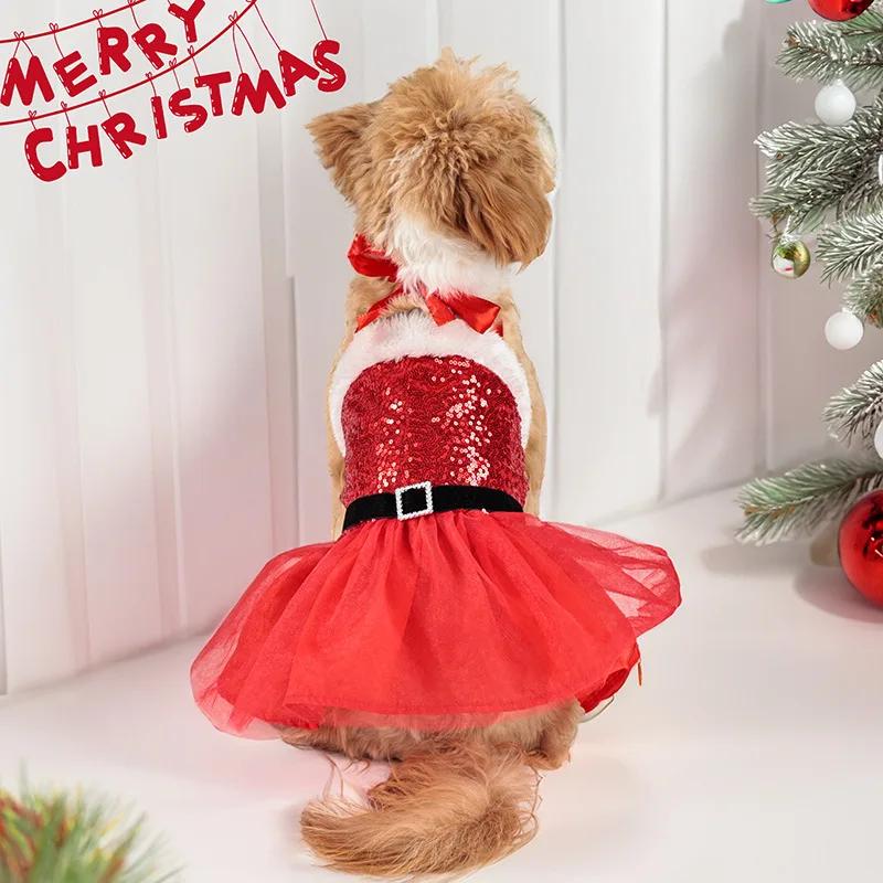 Bow & Belt Design Christmas Sequin Tutu Dog Dress, Red Velvet Halter Skirt, Holiday Pet Outfit for Small/Medium Dogs,