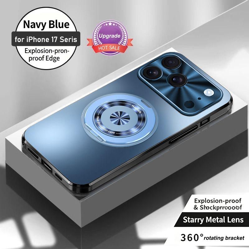Matte PC Phone Case For iPhone 17 17 Pro 17 Pro Max Metal Lens Frame 360° Rotatable Magnetic Kickstand Shockproof Protective Cover