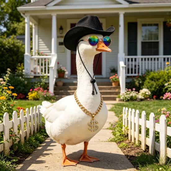 3-teiliges Hip-Hop-Gänse-Outfit im Stil der 80er und 90er Jahre: Hut, Brille, Halskette – passend für eine 58 cm große Gänsefigur zur Dekoration von Garten, Terrasse und Veranda.