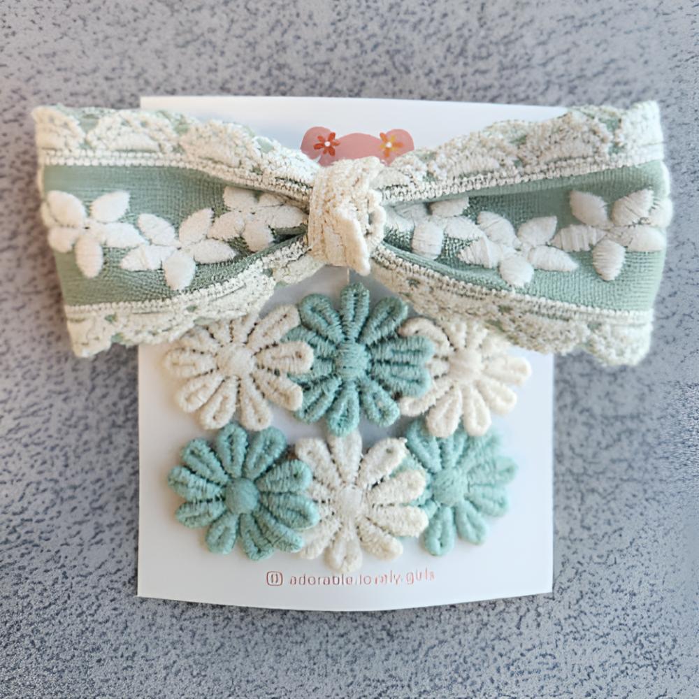 3PC Korean Ribbon Lace Hair Clip Set – Embroidered Daisy & Lace Design – Cute Gift for Girls – 5 Colors Trending Hair Accessories