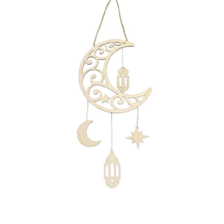 Religious Holiday Decoration Cultural Event Ornament Elegant Wood Moon and Star Hanging Pendant for Home and Mosque Use