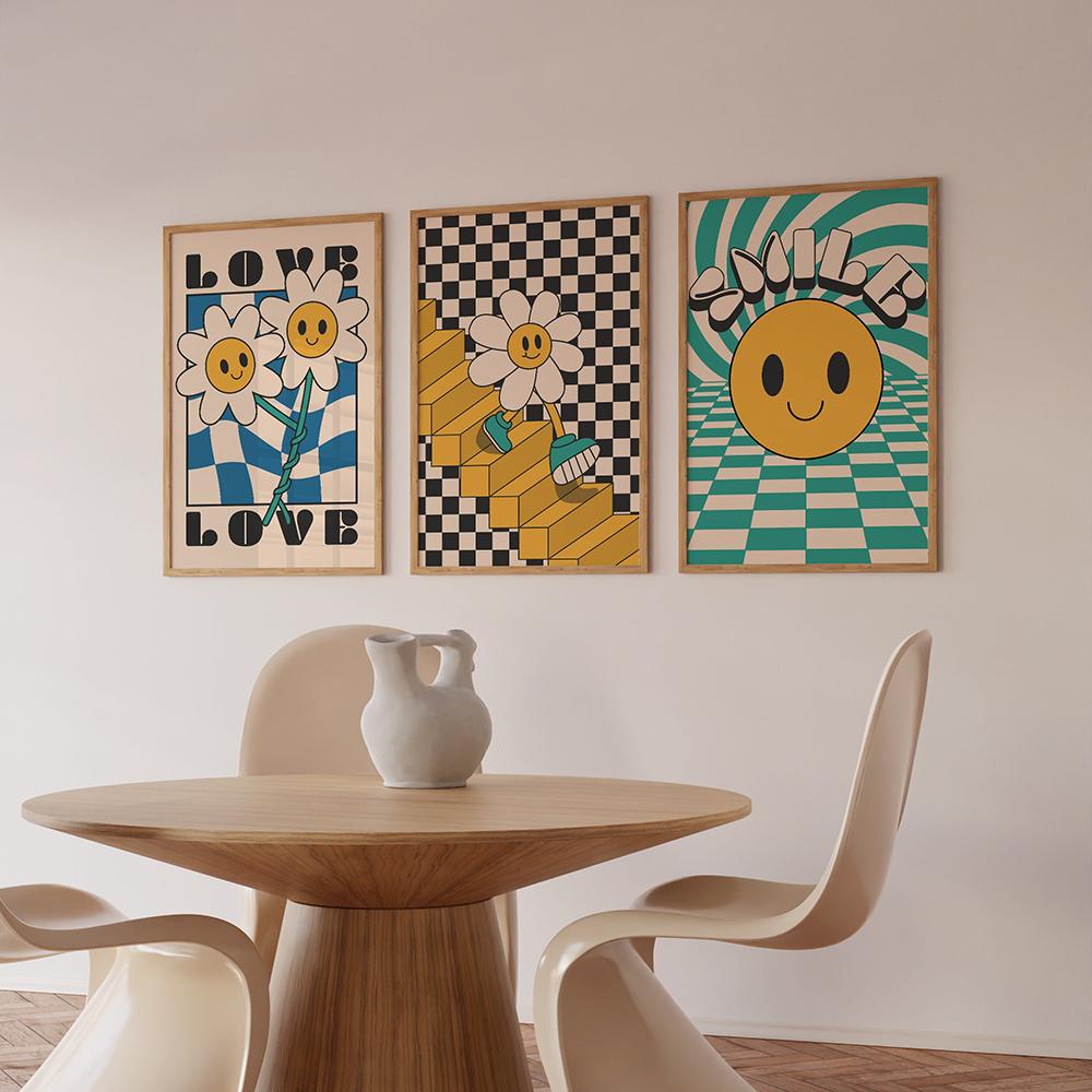 Laughing Smiling Flowers Cartoon Poster Retro Groovy 70s Style Wall Art Pictures Trendy Hippie Canvas Painting Living Room Decor