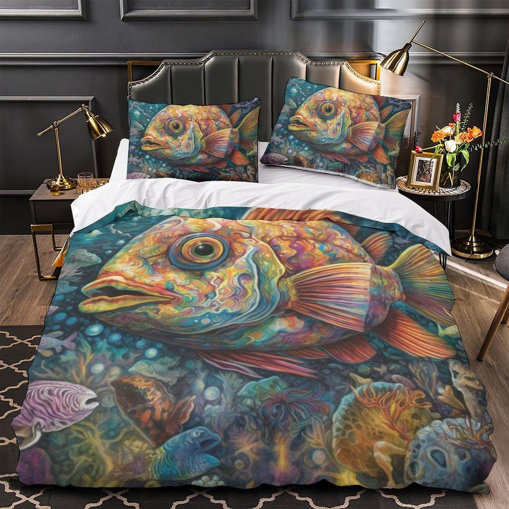 3D Digitaldruck Farbe Fisch Serie Bettbezug Kissenbezug Zwei- oder Dreiteiliges Set Polyester Schleifen