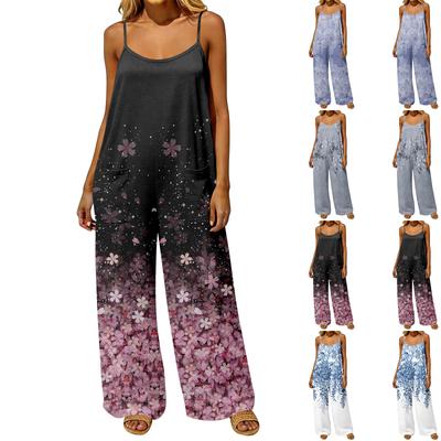 Women's Loose Fit Jumpsuit Casual Vintage Style Sleeveless Overalls Wide Leg Pocketed Romper with Adjustable Straps Backless Design