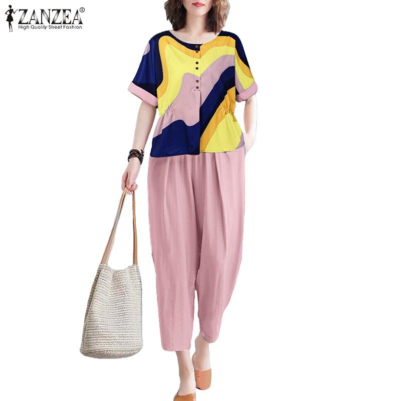 ZANZEA Women Short Sleeve Print Blouse and Pants Summer Two Piece Suit Sets
