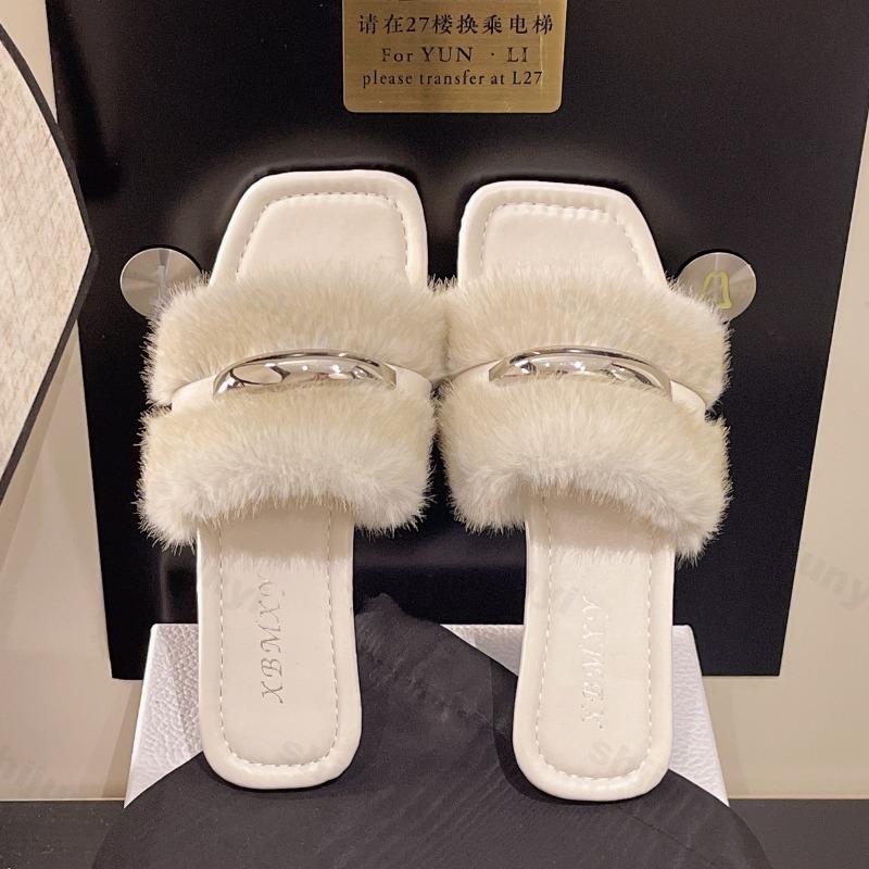 

Модные Элегантные Открытые Носки Повседневные Плоские Пушистые Тапочки для Женщин Осень 2025 Новая Мода Квадратный Носок Универсальные Удобные Плюшевые Шлепанцы 35 бежевый