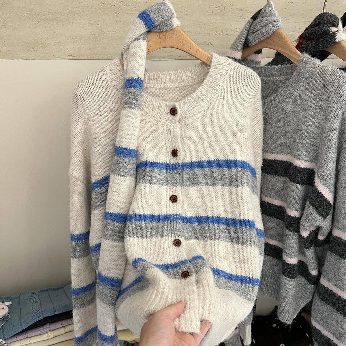 

DIMANAF 2025 Sweaters Buttons Cardigan Autumn Women Knitting Loose Striped With Scarf One Size