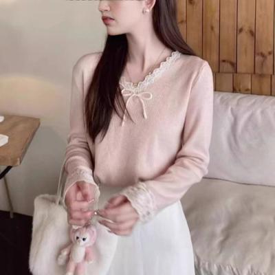 Korean V-neck Lace Splicing Bow Lace-up Sweet Bottom Women's Autumn New Pure Desire Knitted Sweater Top