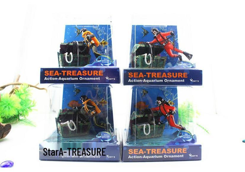 Decoración de Acuario Cofre del Tesoro Neumático y Hombre Rana Caballito de Mar Americano