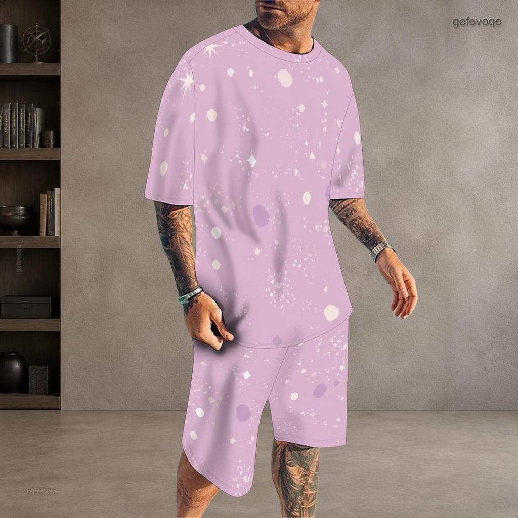 Men s Plus Size Dark Green Gold Printed Round Neck Short Sleeve Top And Shorts Two Piece Set