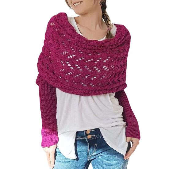 Dámská pletená šála Jednobarevná Měkký nadýchaný materiál Šála s dlouhým rukávem Dutý design Podzimní zimní šála Kabát