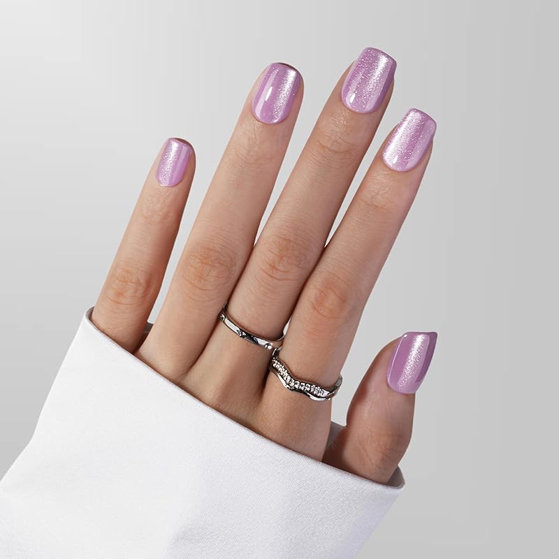 

30 PCS Nude Pink Cat Eye Press on Nails Short Almond, SXVME Fake Nails False Nails With Glitter, Glue on Nails Short Length Gel Nails, Full Cover square purple