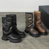 Stivali da Cavaliere da Donna con Suola Spessa Tacco Quadrato Punta Rotonda Scarpe con Plateau Bordo Risvoltato Tubo Medio Botas De Invierno Para Mujer