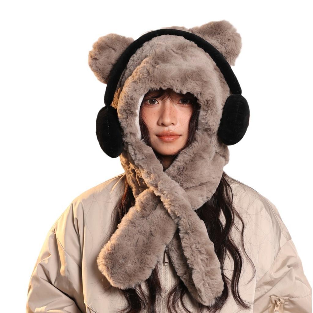 Autumn and Winter Cute Plush Earphones Bear Scarf One Piece Hat Warm Ear Protection Hat Anti Cold Wave