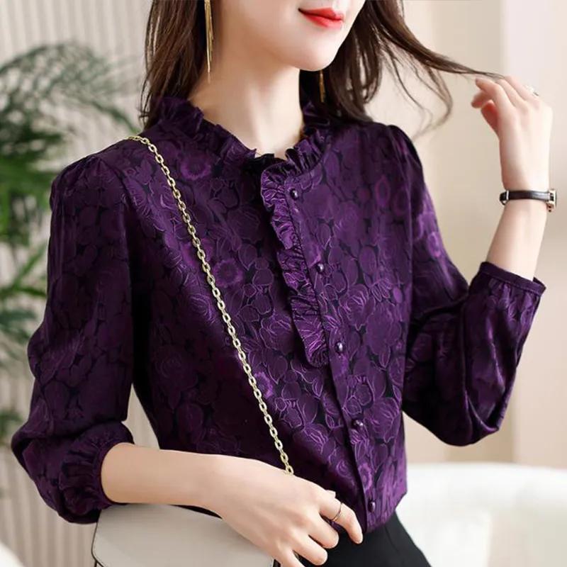 Western Style Jacquard Flowing Satin Shirt Women's Autumn New Lotus Leaf Collar Versatile Long-sleeved Top