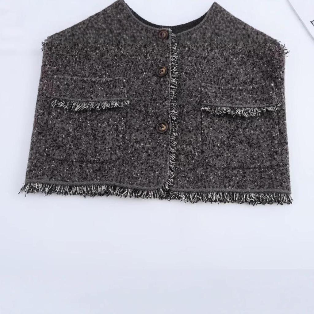 2025 Spring Women's Tassel Sesame Dot Knitted Vest - European & American Style, Single-Breasted with Pockets