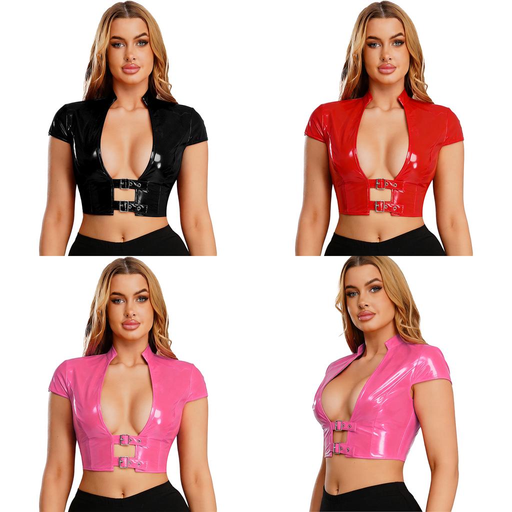 Top Corto da Donna in PU Effetto Bagnato con Apertura Frontale, Fibbie Regolabili, Manica a Cappuccio, Corsetto Corto, Abbigliamento da Club Lucido