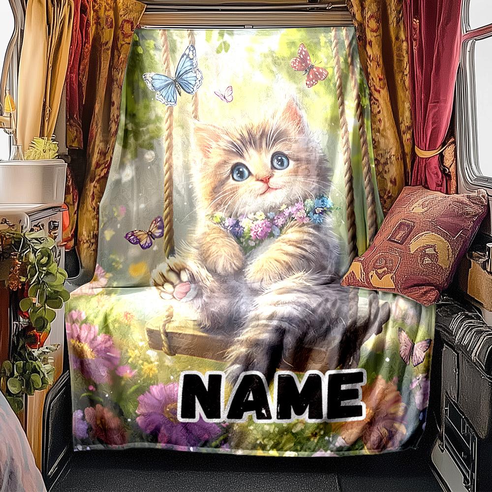Cute Kitten On Swing Surrounded By Butterflies And Flowers Blanketcustomizable With Your Namecomfortable And Stylish Perfect For Travel Beds Chairs