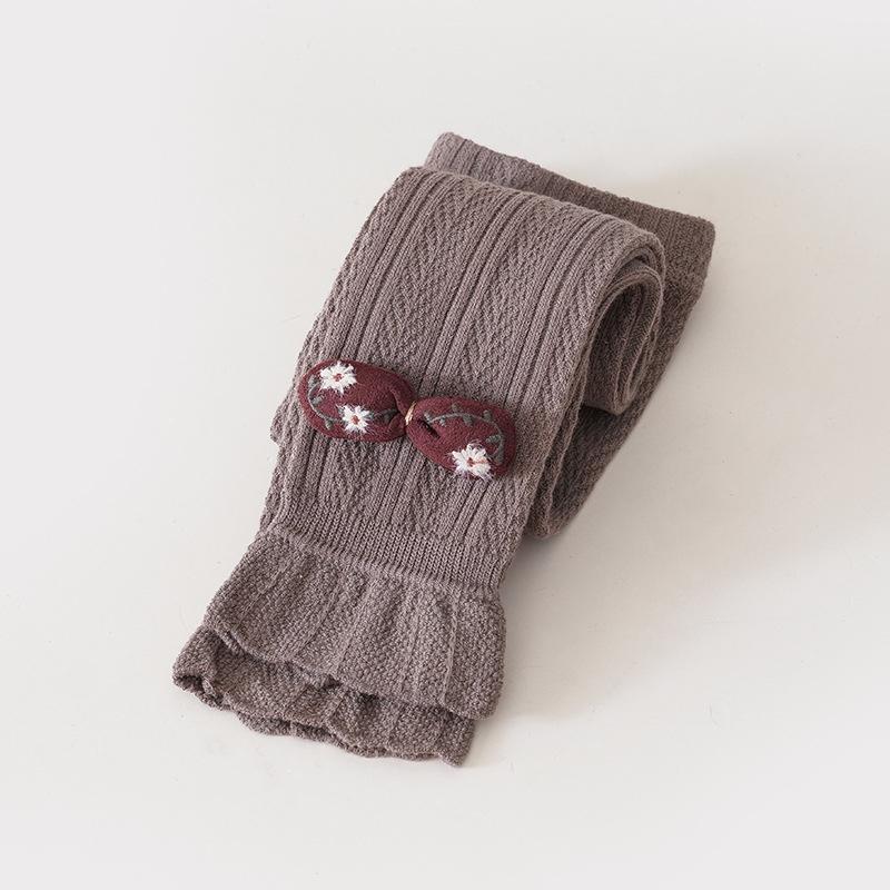 Lovely Baby Girls Trousers Solid Color Cartoon Trousers Knit Side Bowknot Trim Leggings Soft Warm Spring Autumn Cotton Tights