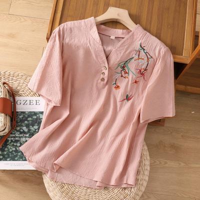 Dam T-shirt Kortärmad Sommar Bomull Linne Casual V-ringad Broderad Blus Topp