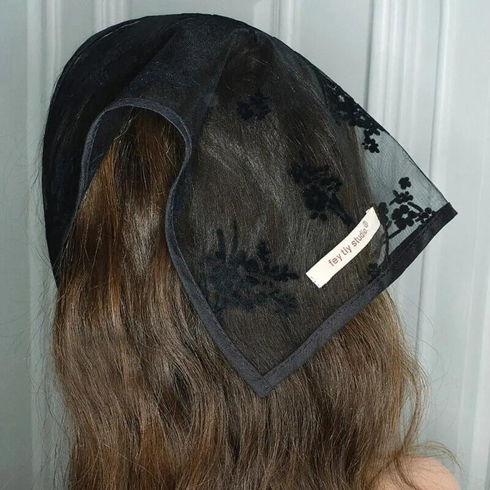 Hollow Floral Headband Women Lace Triangle Scarf Neckerchief Head Wrap Scarves Y2K Style Travel Photo Props Bandana Turban