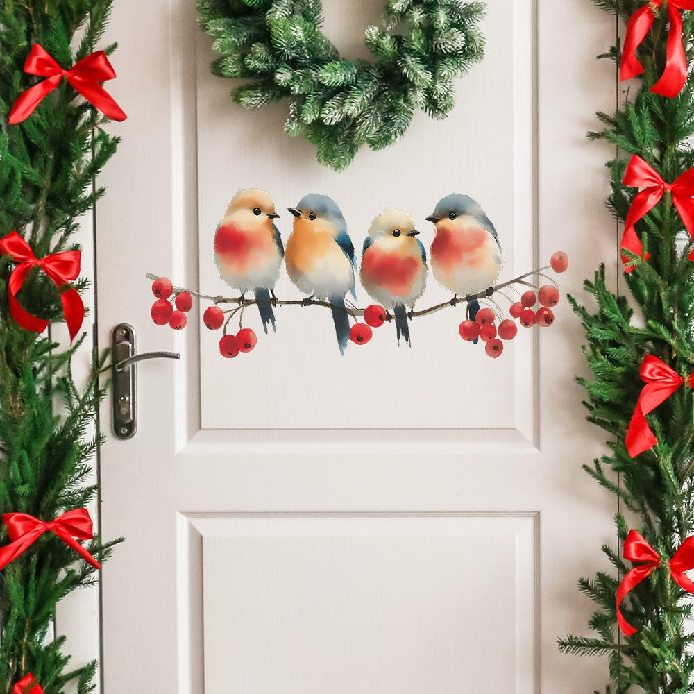 Sticker Mural Oiseaux à l'Aquarelle Peints à la Main et Baies Rouges sur une Branche Décor Bucolique Autocollant Amovible pour la Maison Salon